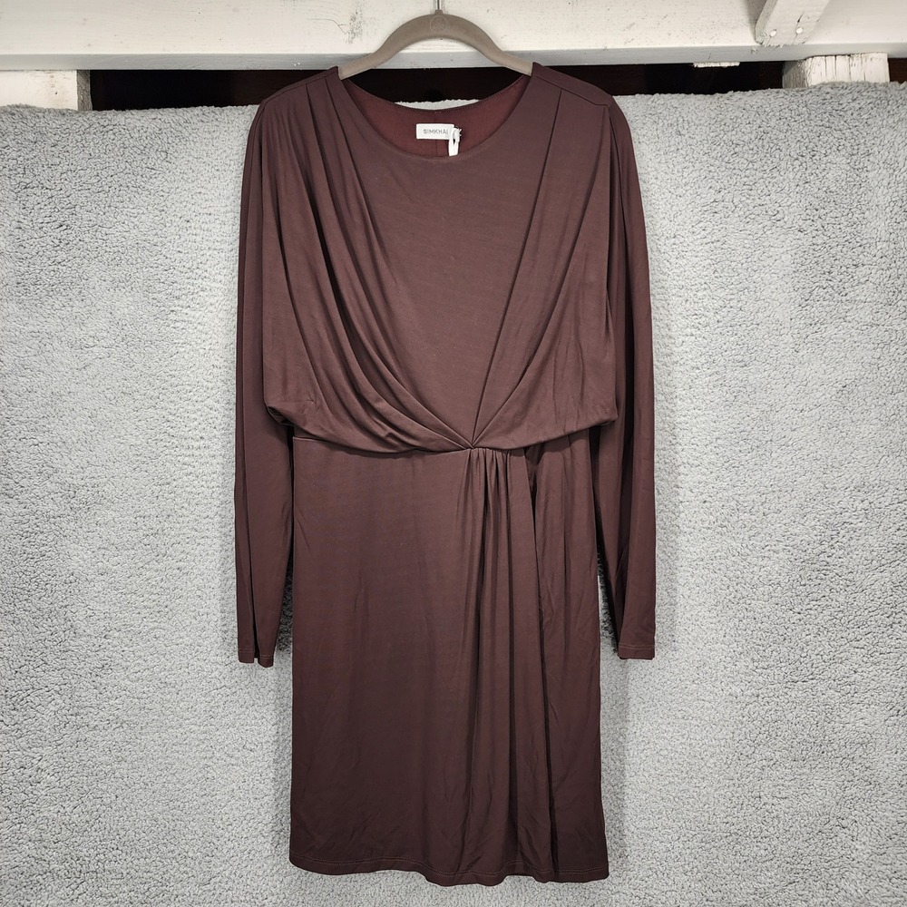 SIMKHAI NWT Espresso Brown Draped Twist Front‎ Mini Dress Long Sleeve Sz S